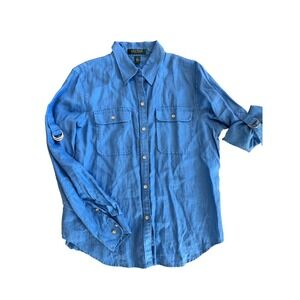 Lauren Ralph Lauren Womens Petite Blue 100% Linen Roll Tab Button Down Shirt PL